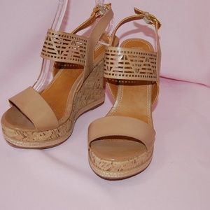 EFE Cork Platform Tan Open Toe Cut Out Wedges